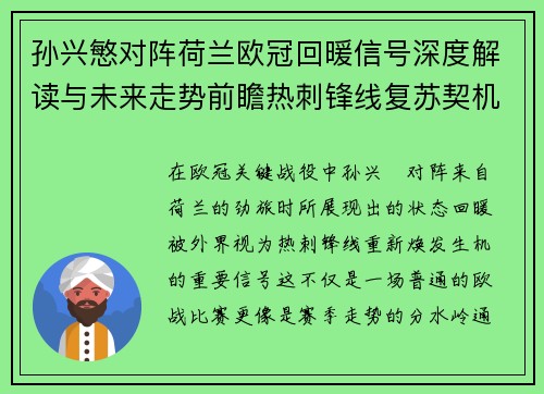 孙兴慜对阵荷兰欧冠回暖信号深度解读与未来走势前瞻热刺锋线复苏契机